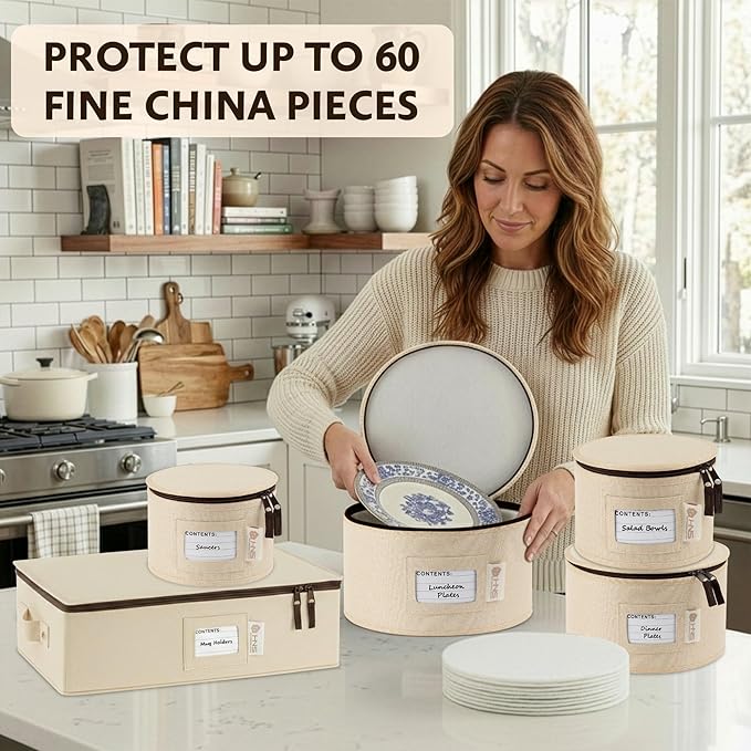 China Storage Hard Shell Containers 5-Piece Set Moving Boxes for Dinnerware, Glasses, Plates, Mugs and Saucers Sturdy Dish Organizer with Dividers for Seasonal Storage - Service for 12 - Beige