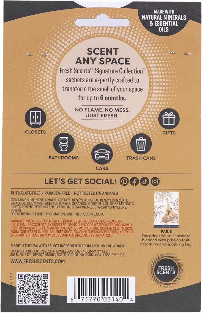 Fresh Scents Scented Sachets | Paris | Home Fragrance | Long Lasting (Up to 6 Months) | Air Freshener for Closets, Drawers, & Cars | 6 Pack