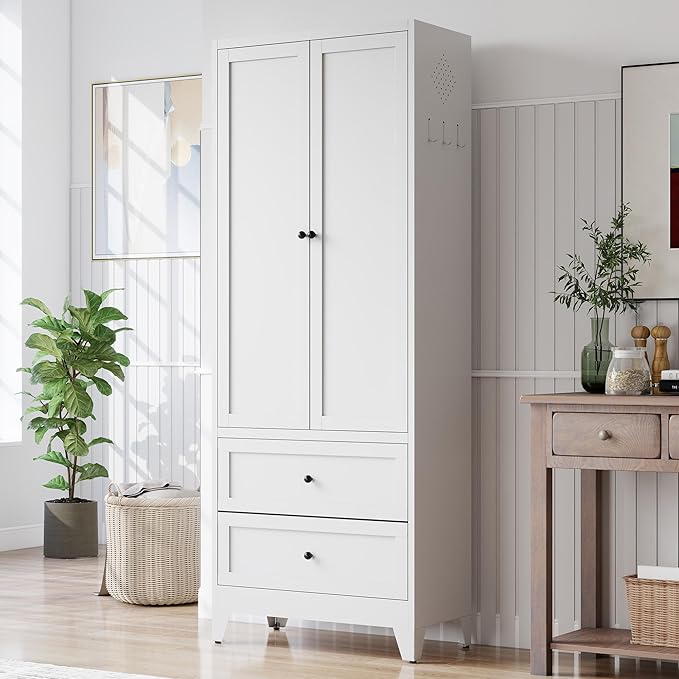 Kitchen Pantry Cabinet, 72" H Storage Cabinet with Doors and Adjustable Shelves, Metal Bathroom Cabinets with Drawers, Utility Cabinets for Kitchen, Living Room, Assembly Required, White