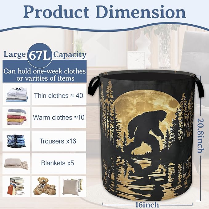 Big foot Laundry Basket,Oxford Cloth Forest Moon Laundry Hamper With Handle Foldable Portable Clothes Storage Basket for Laundry Room/Bedroom/Bathroom 20.8"x16"