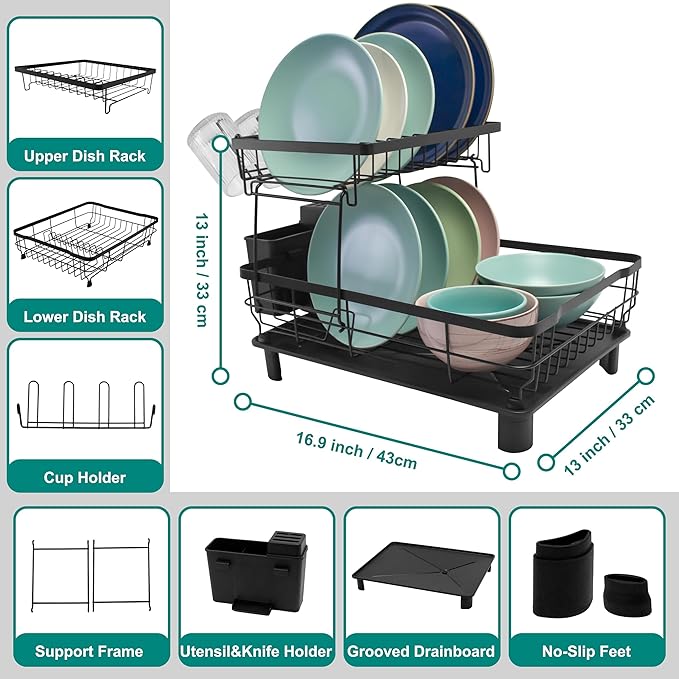 Goderewild 2-Tier Dish Drying Rack for Kitchen Counter,Space-Saving Dish Rack with Drainboard,Rustproof Countertop Dish Drainer with Utensil Holder for Sink,Black