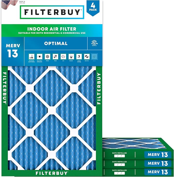 Filterbuy 9.5x19.5x1 Air Filter MERV 13 Optimal Smoke & Allergy Defense (4-Pack), Electrostatic Pleated HVAC AC Furnace Filters Replacement, Made in USA (Actual Size: 9.50 x 19.50 x 0.75)
