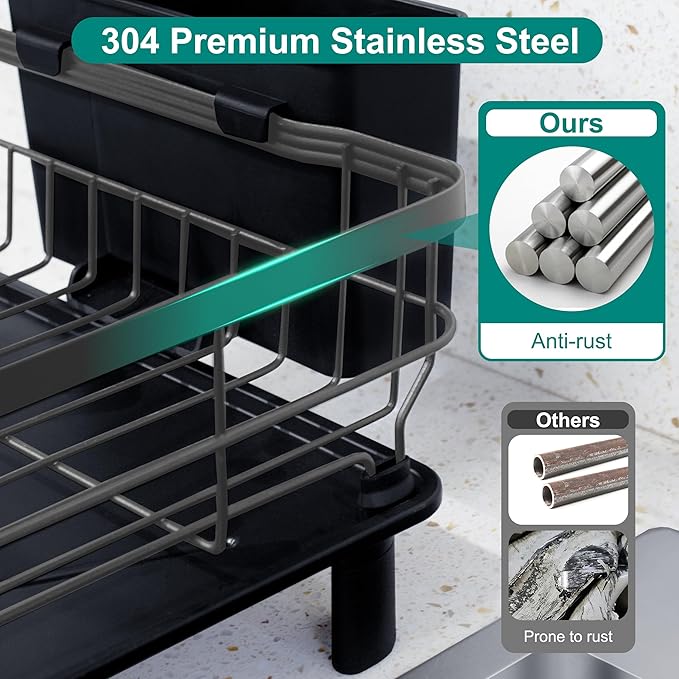 Goderewild Dish Drying Rack for Kitchen Counter,Space-Saving Dish Rack with Drainboard,Rustproof Countertop Dish Drainer with Utensil Holder for Sink,Gray