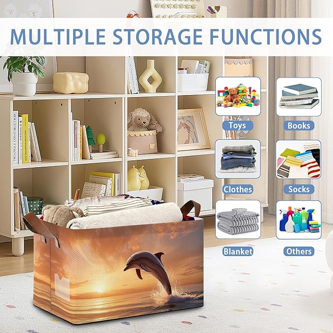 Dolphin Ocean Storage Basket,Sunset Collapsible Storage Bin Cubes for Living Room Bedroom Blankets Home Storage 17x11.5x10Inch