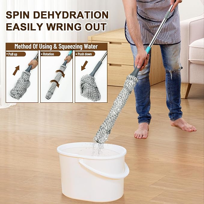 Kickleen Self Wringing Mop - Easy Squeeze Twist Mop with 52.5 Inch Long Handle, Heavy Duty for Hardwood, Tile, Vinyl & Laminate Floors (Gray)