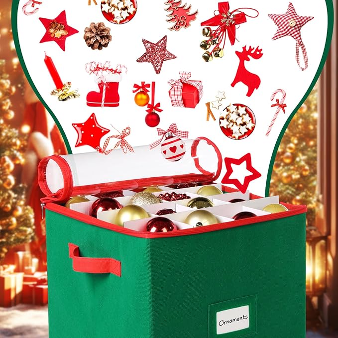 Chengu 2-pack Christmas Ornament Storage Stores up to 64 Christmas Ball Accessories Holder with Adjustable Dividers, Zippered Closure Two Handles for Holiday Ornaments and Xmas Decorations(Army Green)