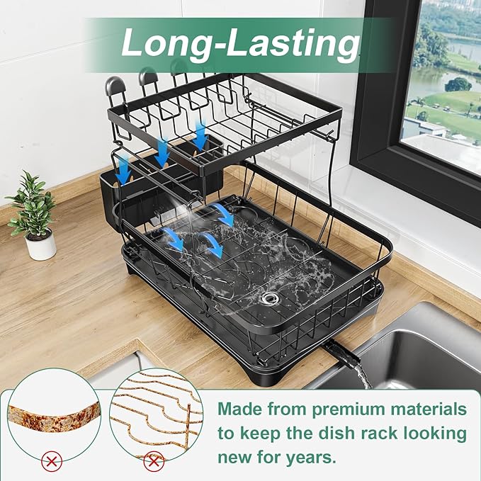 HOMEAILIE Dish Drying Rack, 2-Tier Large Dish Drying Rack for Kitchen Counter – Space Saving Dish Drainer Organizer with Utensil Holder and Cutlery Tray, Black
