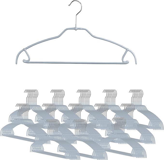 Mawa by Reston Lloyd Silhouette Ultra-Thin Series, Non-Slip Space Saving Shirt Hanger with Pant Bar & Skirt Hooks, Style 42/FTU, Pack of 130, Silver