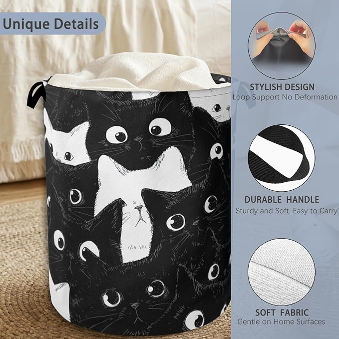 Cute Black Cat Laundry Hamper,Dirty Clothes Laundry Basket with Handles Waterproof Oxford Cloth Storage Basket for College Dorms Bathroom Bedroom 16" x 20.8"