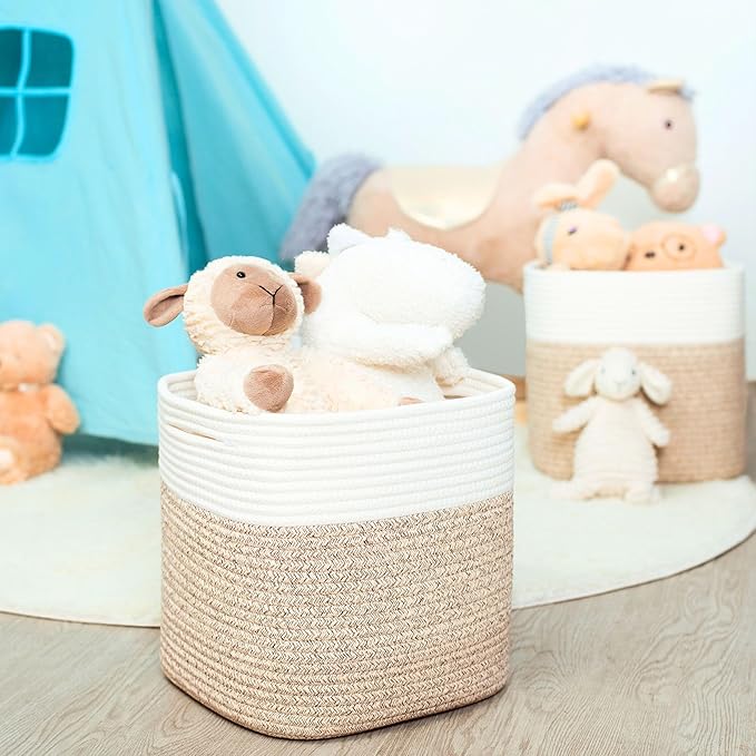 MINTWOOD Design 3-Pack 11x11in Woven Cube Storage Bin and Shelf Baskets, Cute Decorative Square Organizer for Closet, Classroom, Bathroom, Dog and Cat Toys, and Books, Light Brown