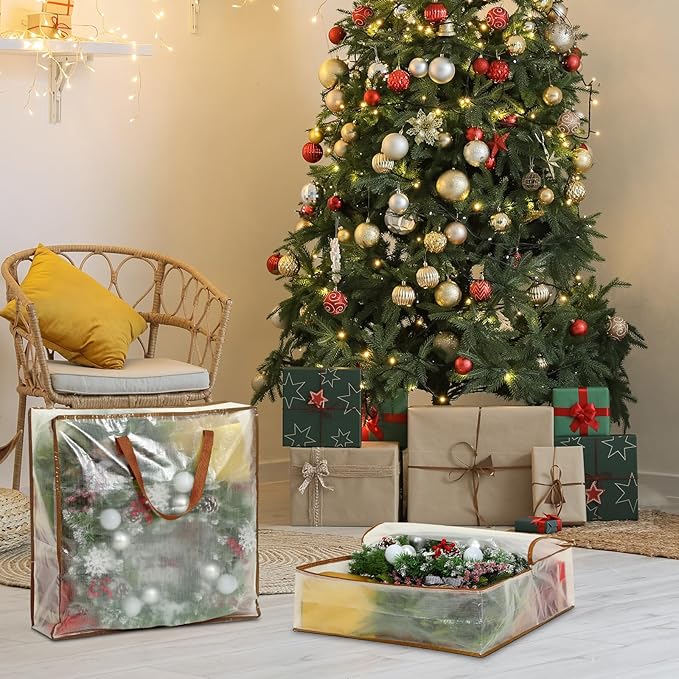 8 Pcs Clear Wreath Storage Bags 26 Inch Christmas Decoration Garland Container Door Garland Holiday Wreath Storage Holder with Handle and Zipper Heavy Duty Plastic Packing Totes(Camel)