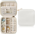 Genuine Leather Travel Jewelry Organizer Case with Mirror for Women, Small Mini Portable Jewelry Box for Earring, Ring, Necklace, Bracelet（White）