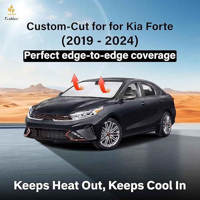 EcoNour Windshield Sun Shade Compatible for Kia Forte 2019–2024 2025 2026 | Custom Fit Sedan Front Window Sunshade | Foldable UV & Heat Reflective Sun Visor