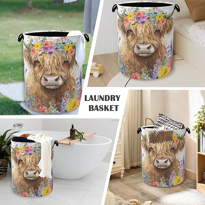 Hightland Cow Laundry Basket,Oxford Cloth Laundry Hamper with Handle Foldable Portable Clothes Storage Basket for Bathroom Bedroom Dorm Room 16" x 20.8"