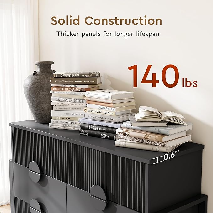 Fluted Dresser for Bedroom with 8 Drawers, 50" Wide Chest of Drawers with Raised H Legs and Curved Profile Design, Wood Closet Clothes Storage Organizer for Bedroom, Hallway, Black