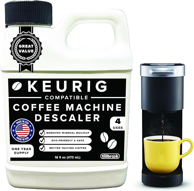 Tillbrook Coffee Machine Descaler - 1 YEAR SUPPLY Concentrated Descaler for Keurig - 16oz Coffee Maker Cleaner for Breville, Nespresso, Delonghi, Espresso Machine - 4 Uses - Safe, Natural, Effective