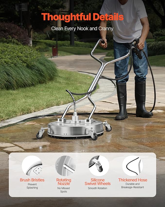 VEVOR 21" Pressure Washer Surface Cleaner, Stainless Steel Pressure Washer Attachments with 4 Wheels, 4500 Max PSI, 3/8 Quick Connector, 2 Spray Nozzles, Dual Handle, for Concrete, Patio, Sidewalk