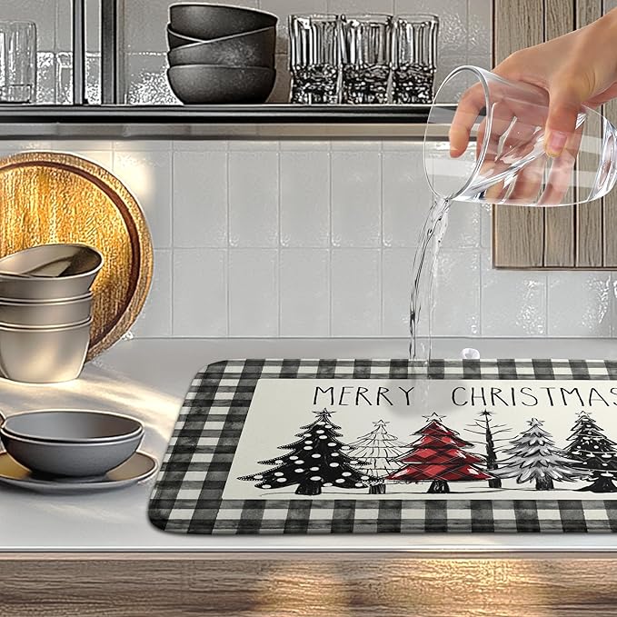 Merry Christmas Dish Drying Mat Buffalo Plaid Large Kitchen Mats Dish Drying Pad Xmas Christmas Tree Absorbent Dish Dryer Mat for Kitchen Countertops Microfiber Drainer Pad Dish Drying Mats (18x24 in)