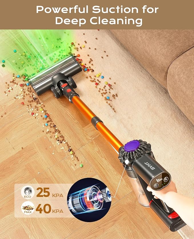 SVHT Cordless Vacuum Cleaner, 450W 40KPA Vacuum Cleaners for Home, 45Mins Lightweight Stick Vacuum with Advanced Green Light Tech, Rechargeable Battery Vacuum for Carpet,Pet Hair,Hardwood Floor