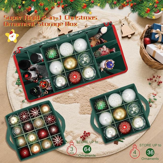 Large 2-in-1 Christmas Ornament Storage Box & Xmas Figurine Container,4 Separate Trays Keep 64-3"/ 54-4" Holiday Ornaments,Adjustable Extent Area for Figurines and Pockets for Decoration