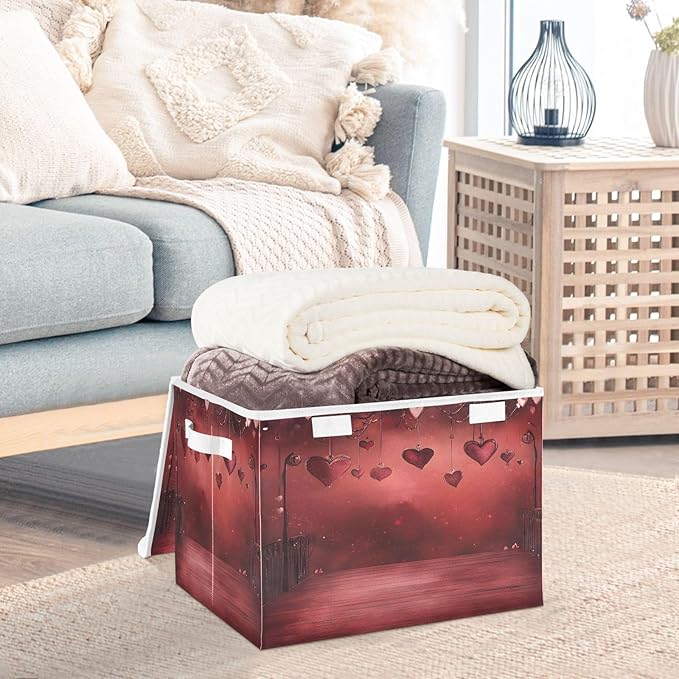 Bolaz Storage Bins with Lids and Handles,Valentine Background Dark Heat Storage Box Storage Basket with Cover Collapsible Organizer Containers for Home Closet, Shelves