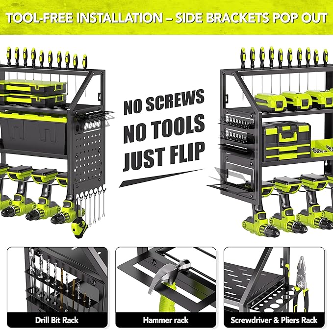 YFFSRJDJ Power Tool Organizer Wall Mount with Charging Station, 8 Drill Holder with 8-Outlet Power Strip, Garage Cordless Drill Storage and Organization, Battery Utility Rack