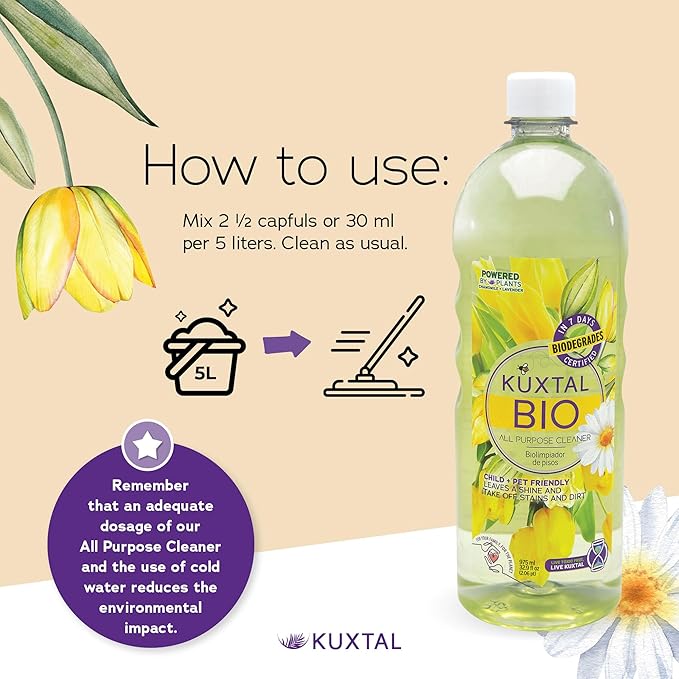 KUXTAL Biodegradable Multi-Surface Floor Cleaner 3 Pack | Eco-Friendly & Plant-Based Formula | Pet & Family Safe | Floral Scent for a Fresh | Natural Clean | 32.9 fl oz Each