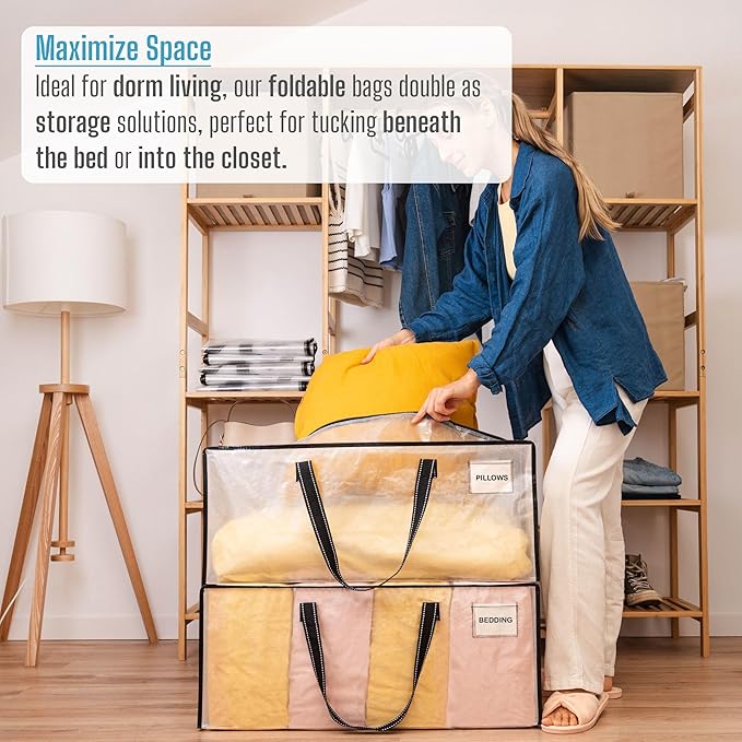 VENO 8 Pack Heavy Duty Moving Bags, Christmas Storage Bins with Lids, Clear Design, Alternative to Moving Boxes, Storage Bags for Clothes, Blankets, Comforters, Pillows, Camping (Clear, 8 Pack)