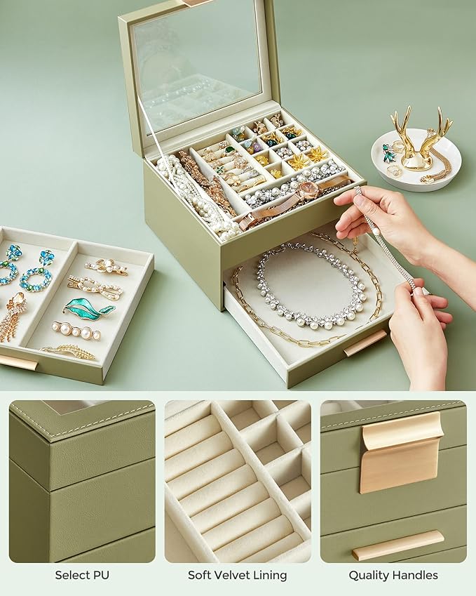 SONGMICS Jewelry Box Organizer with Glass Lid, 3-Layer Jewelry Storage, with 2 Drawers, Modern Style, 8 x 9.1 x 5.3 Inches, Laurel Green and Gold Color UJBC239C02