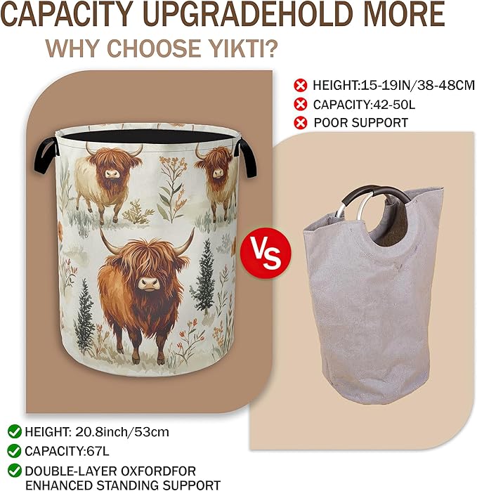 Laundry Hamper,Highland Cow Laundry Basket,Farmhouse Watercolor Flower Portable Collapsible Laundry Room Organization Storage for Dorm Room,Nursery,Bathroom,Bedroom,16x20 Inch