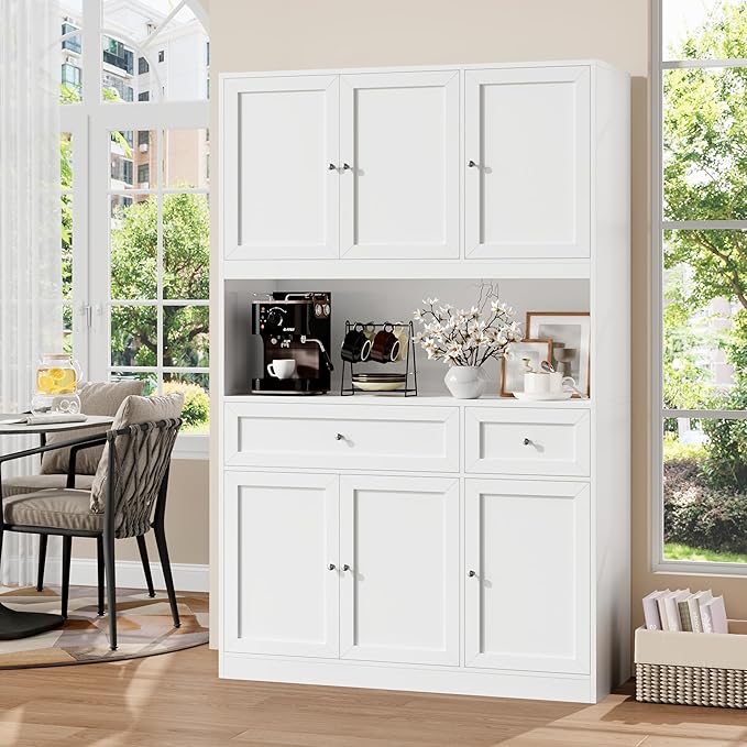 72" Kitchen Pantry Cabinet, Kitchen Hutch with Microwave Stand, Buffet Cabinet with Hutch for Dining Room, White