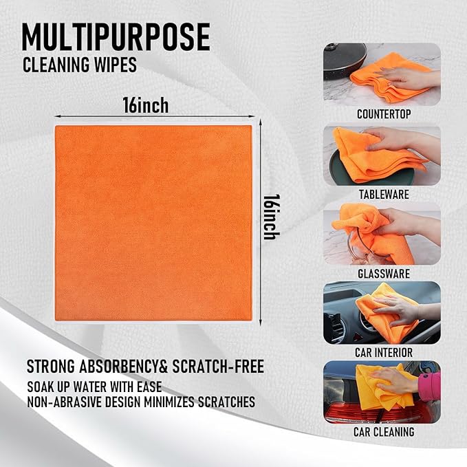 Tricol Clean Microfiber Cleaning Cloth, 16in*16in, 12 Pack Ultra-Thick Cleaning Rags, Super Absorbent, Lint Free & Streak Free Cleaning Towels for Car, House, Kitchen, Office