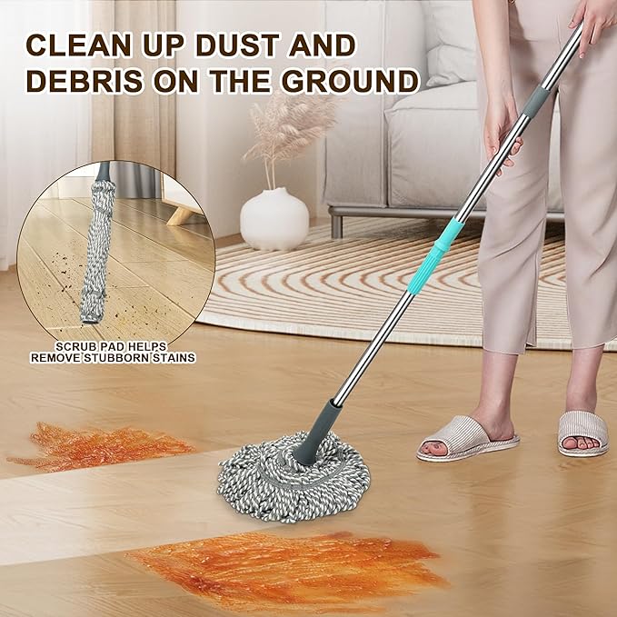 kickleen Self Wringing Mop Floor Cleaning, Easy Squeeze Twist Mop, Heavy Duty Wet Mops for Cleaning Hardwood Tile Vinyl Laminate Floors (Gray- 2 Head)