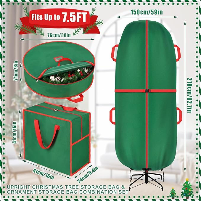 3PCS Upright Christmas Tree Storage Bag Set, Christmas Tree Covers for Upright Storage with Christmas Wreath & Ornament Storage Bags, Christmas Tree Cover for 7.5 Ft Assembled Christmas Tree