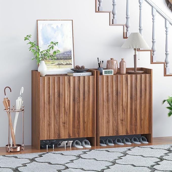 Fluted Shoe Cabinet, 5-Tier Shoe Storage Cabinet with Doors,Freestanding Hidden Shoe Cabinet Organizer, Narrow Shoes Storage Rack for Entryway (Walnut)