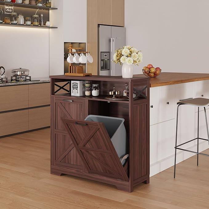 Double Tilt Out Trash Can Cabinet for 13 * 2 Gallon Garbage Can, Farmhouse Kitchen Garbage Trash Bin for Hidden Laundry Basket, Dual Dog Proof Recycling Cabinet for Living Room, Dark Brown