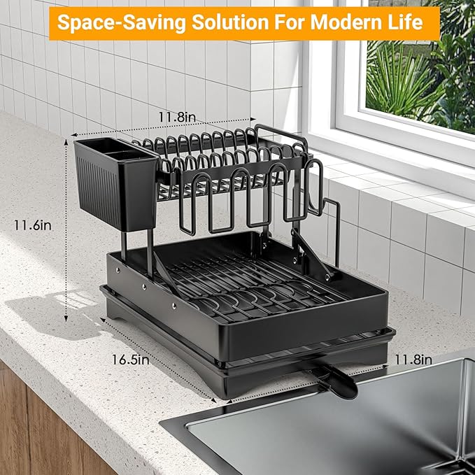 ULAIHOMN Large Dish Drying Rack,Dish Rack 2 Tier,Dish drainers for Kitchen Counter with Cup Chopping Board Cutlery Holder,Anti-Rust Collapsible 16.5" L x 11.8" W Black