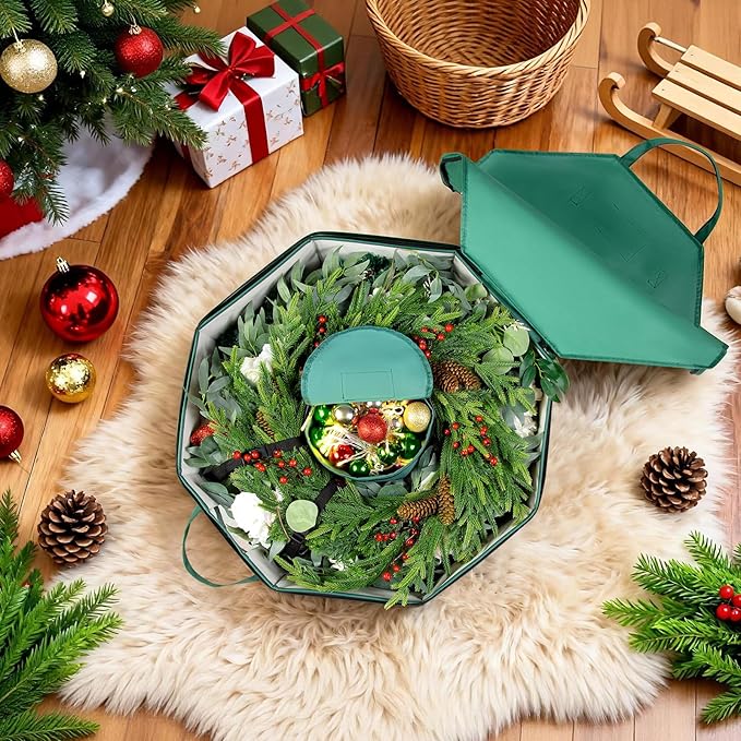 Wreath Storage Christmas Garlands Bag with Interior Pockets Large Xmas Container Box for Holiday Decorations Case with Dual Zipper and Handles Window Labeling Card Slot 24" Green