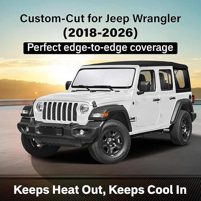 EcoNour Windshield Sun Shade Compatible for Jeep Wrangler 2018–2026 | SUV Front Window Sun Visor Shield | Heavy-Duty Foldable Sunshade | Blocks UV Rays & Reduces Cabin Heat