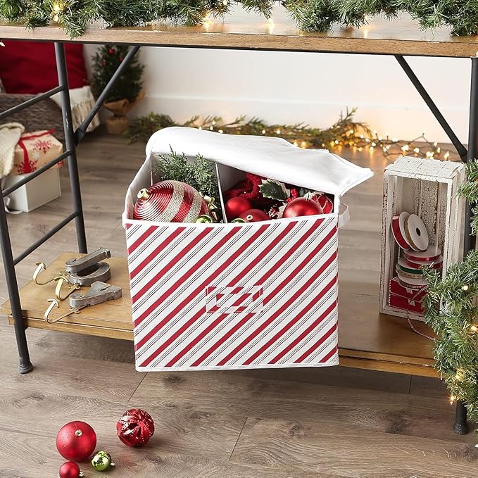 Christmas Ornament Storage Box with Dividers, 16x16x13, Peppermint Candy Stripe, Holds 75 Ornaments, Perfect Ornament Storage Solution, Durable Christmas Ornament Storage Box