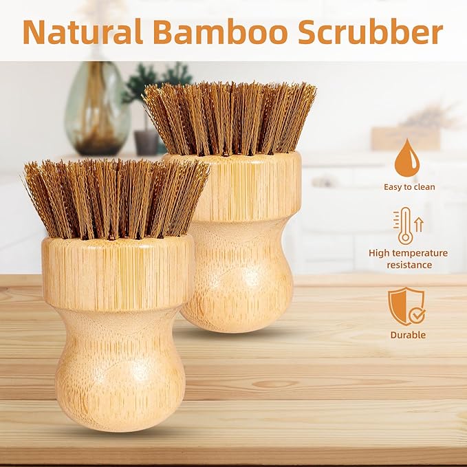 SAMBUTECO Cast Iron Cleaner Scrubber with Copper Bristle Natural Bamboo Handle Heavy Duty Pot Brush for Cast Iron Pans, Cast Iron Skillets Dutch Ovens Pots BBQ Grill Rust Removal and Cleaning
