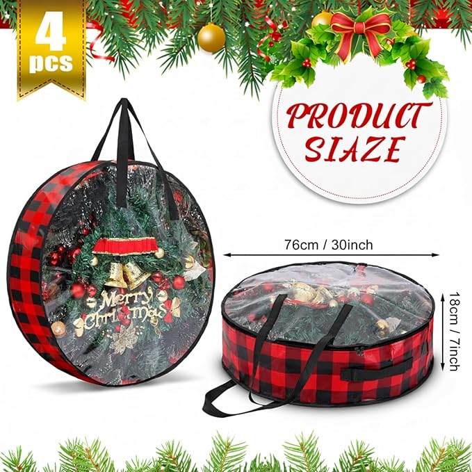 Shappy 4 Pcs Christmas Wreath Storage Bag Wreath Storage Container with Clear Window Plaid Wreath Storage Box with Handles for Storing Garland Holiday Wreath Wrapping(30 Inch,Red Black)
