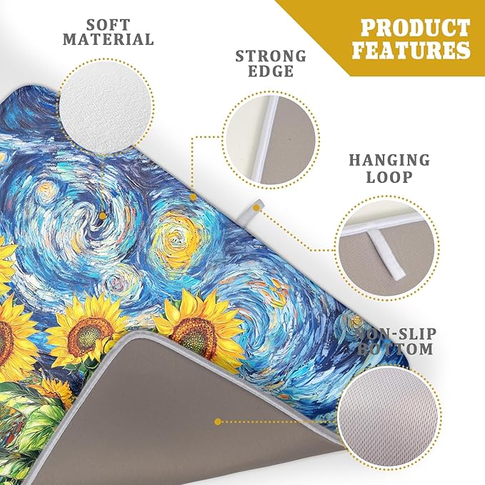 Sunflower Dish Drying Mat for Kitchen Counter 24x18 Inch Starry Night Drying Mat with Absorbent Reversible Microfiber Farmhouse Floral Dish Drainer Mats Rack Pad for Coffee Countertop Protector