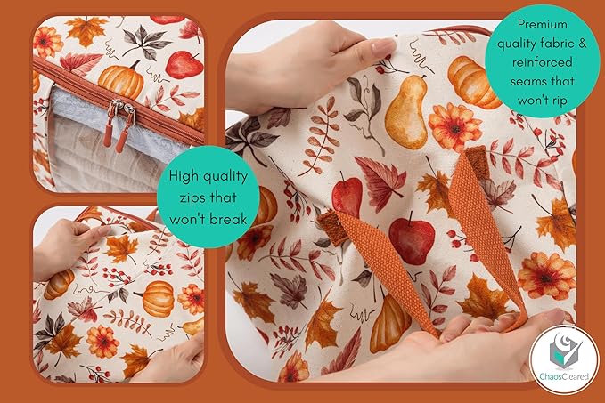 Canvas Storage Bags Designer Organizer 2 Pack – Seasonal Storage for Sweaters, Blankets, Linens & Garments – Foldable Design with Zip & Window, Moth-Proof Space Saver, Autumn Print