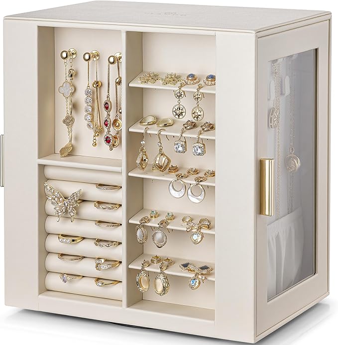 Vlando 360° Rotating Jewelry Box with 5 Drawers, Large Jewelry Storage with 2 Glass Window, PU Leather Jewelry Organizer for Bracelets, Necklaces, Earrings, Rings - Cloud White