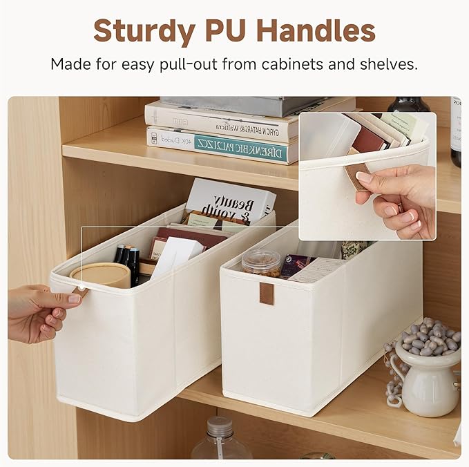 StorageWorks Thin Narrow Baskets for Storage, Small Storage Bins, Fabric Storage Bins with PU Handle, Ideal for Slim Shelves, Clothes, and Toys, Beige, 2-Pack