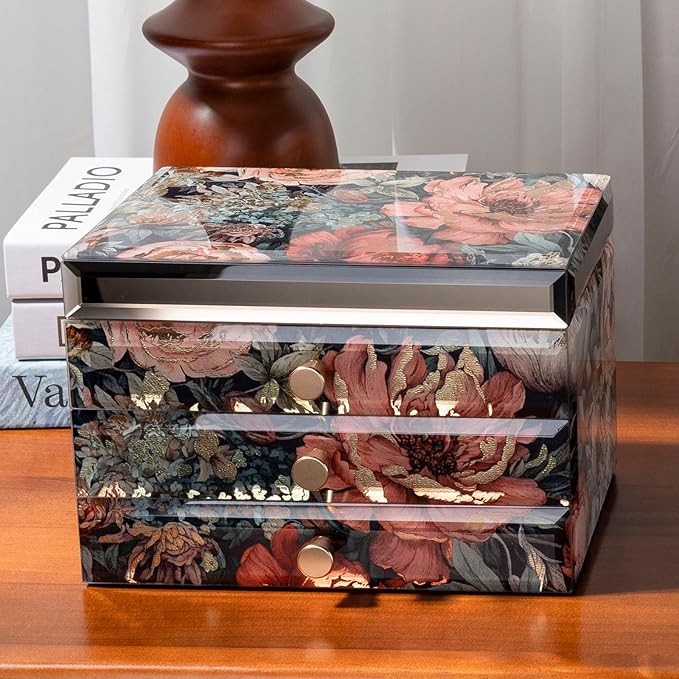 Glass Jewelry Box With Floral Pattern, 3-Tier Jewelry Organizer for Women Girls,Jewelry Gift Decorative Boxes, Art Painting Tabletop Ornament Organizer For Earring Necklace Christmas Gifts