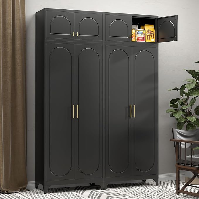 Metal Storage Cabinet with Doors and Shelves, 90" Tall Kitchen Pantry Storage Cabinets, Balck Pantry Closet, Steel Large Cupboard, High Leveling Feet- Assembly Required