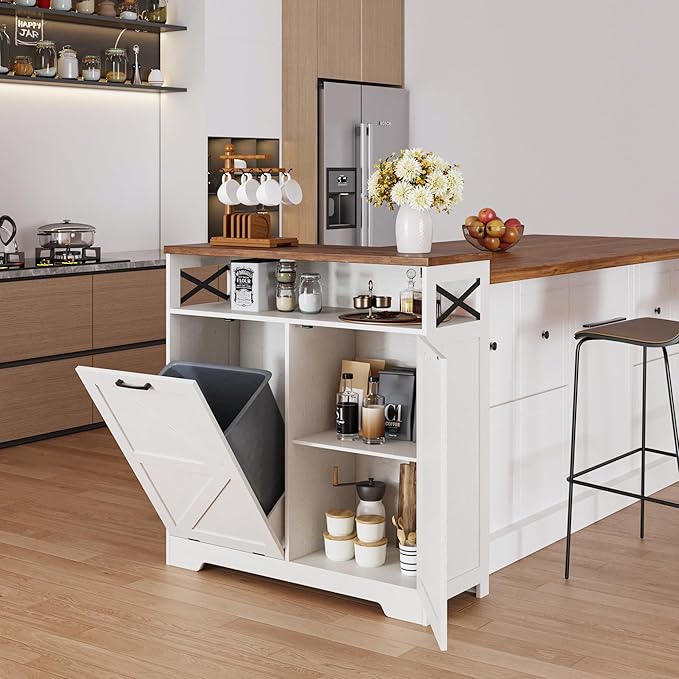 Tilt Out Trash Can Cabinet for 13 * 1 Gallon Trash Can, Farmhouse Kitchen Island Cabinet with Adjustable Shelf for Hidden Laundry Basket, Dog Proof Garbage Can for Dining Living Room, White