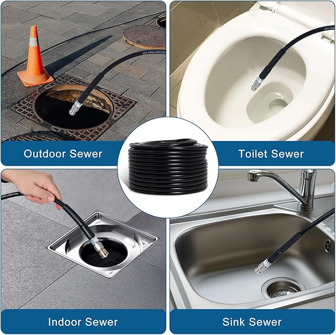 Zejoot 100FT Sewer Jetter Kit for Pressure Washer, 5800PSI Drain Cleaner Hose 1/4 Inch NPT Corner with 4 Sewer Jetting Nozzles，Waterproof Tape，Pearl Corsage Pin，Handle Strap & 2 Spanners (Black)
